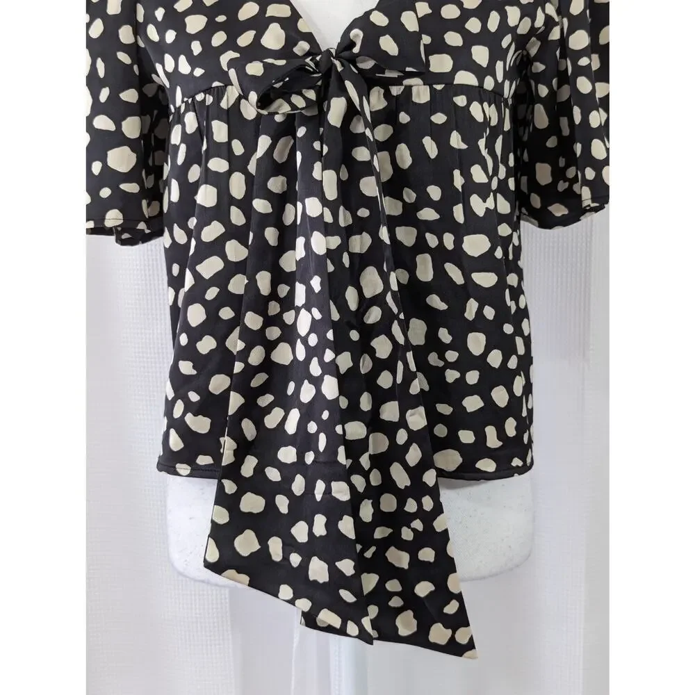 LOFT! BLACK, TAN SATINY PUFF SLEEVE, BOW BACK SPECKLED TOP, BLOUSE, SHIRT! SZ XS